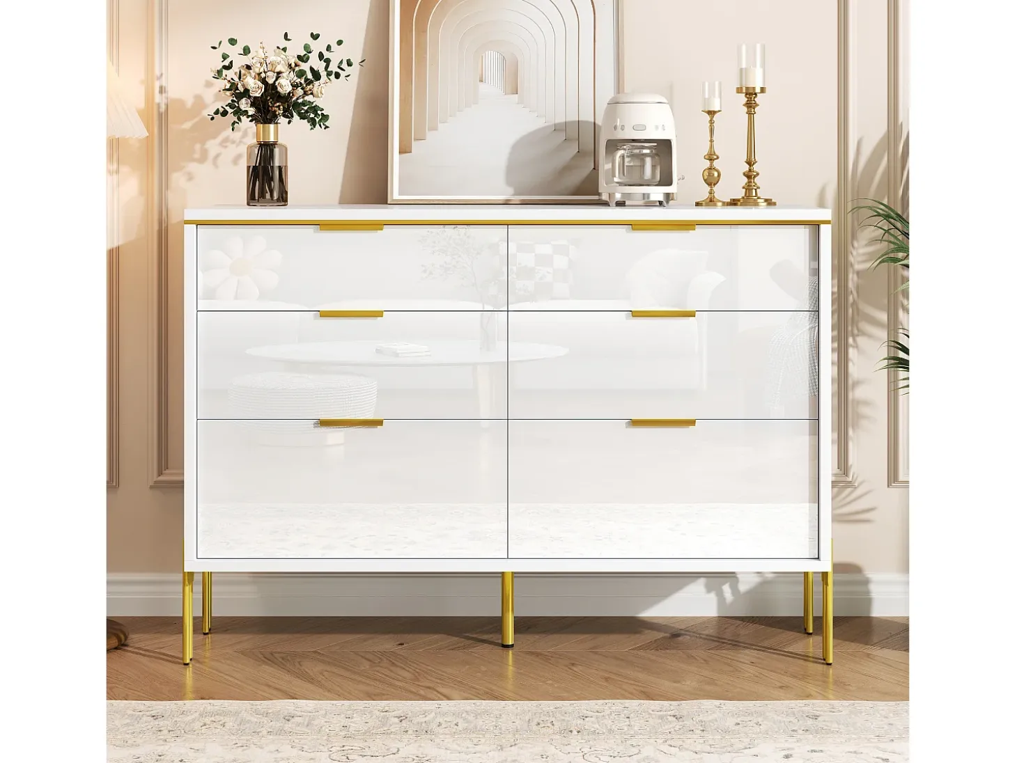 Buffet moderno 120x40x85,5 cm - con 6 cajones - Blanco y dorado