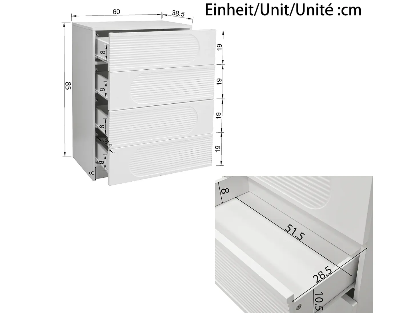 Buffet moderno 60x38.5x85 cm - Mueble de almacenamiento con 4 cajones - Acabado brillante - Blanco
