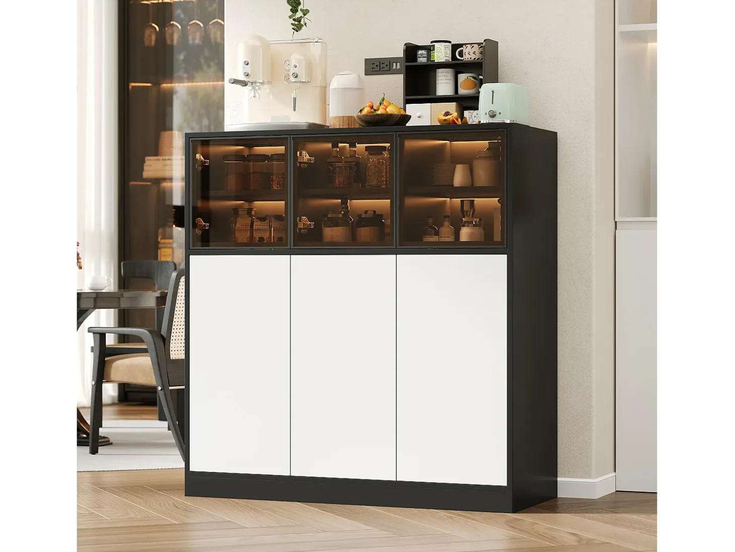 Buffet moderno 100x40x105cm - con 3 puertas de vidrio y 3 puertas blancas - con LED - tablero de partículas - Blanco + Negro