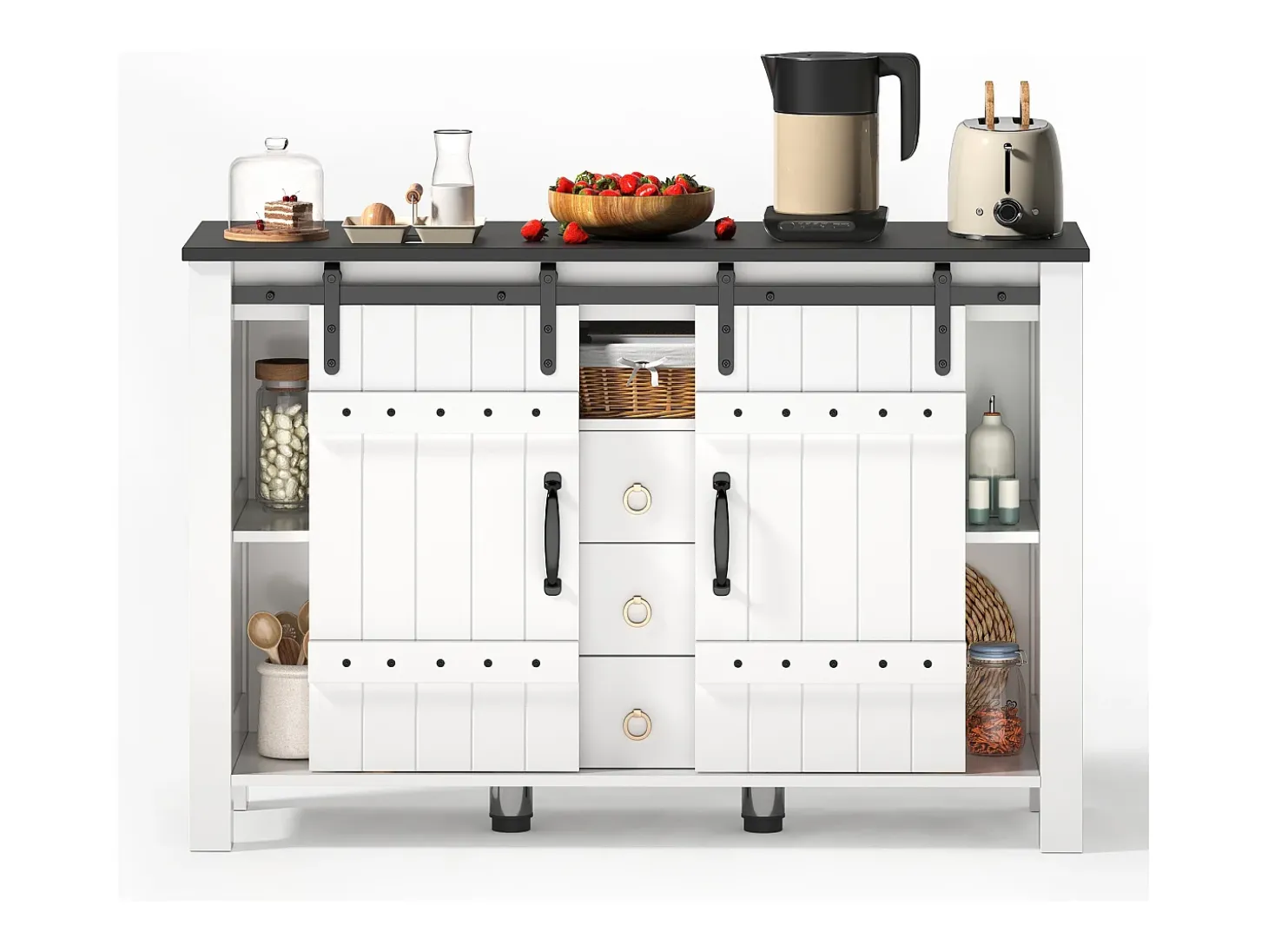 Buffet moderno 120x40x80cm - con 2 puertas correderas y 3 cajones - Blanco + Marrón