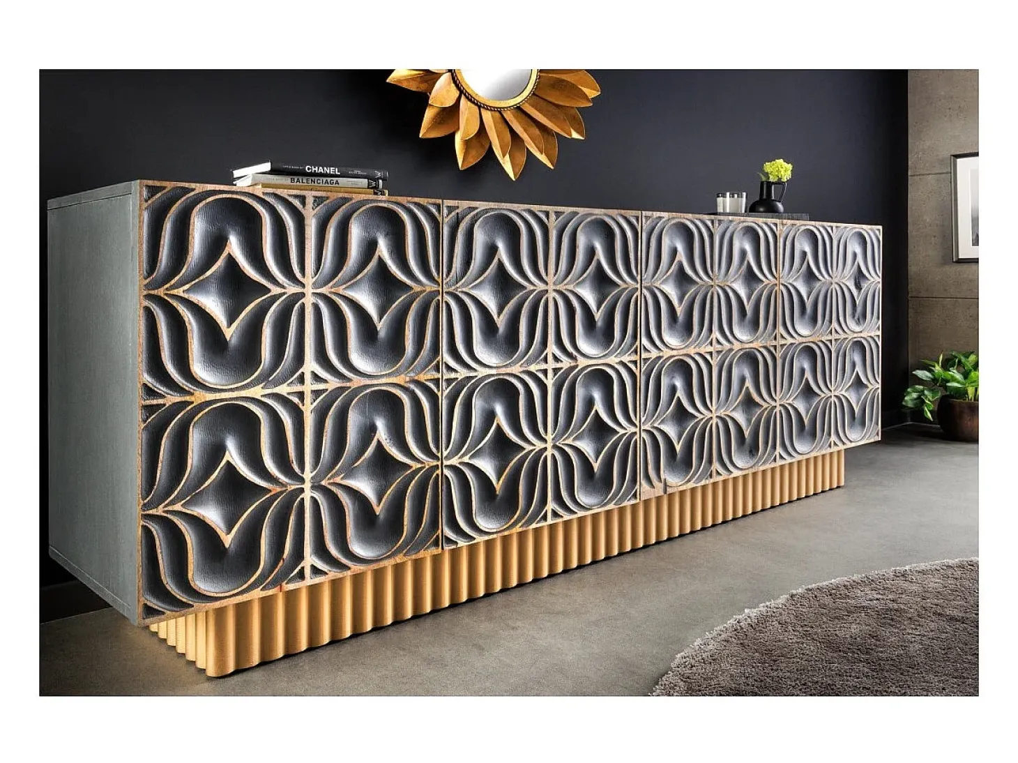 Buffet PALAZZO 180 cm – Madera maciza gris y dorada – Tallado estilo retro-veneciano