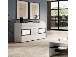 Buffet RAMOS – 2 puertas acristaladas + 3 cajones – Color blanco brillante y negro – LED no incluida