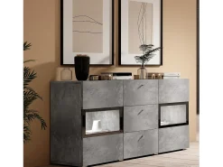 Buffet RAMOS – 2 puertas con cristales + 3 cajones – Gris efecto concreto y negro – Sin LED