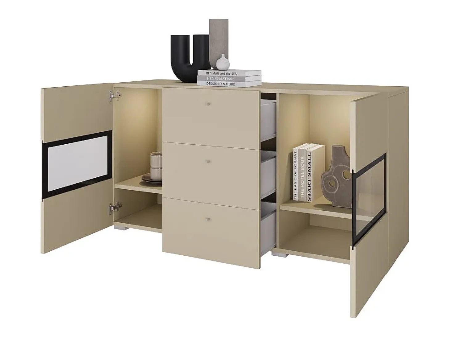 Buffet RAMOS 130 cm – Beige claro – LED multicolor integrada – 2 puertas con vidrio y 3 cajones