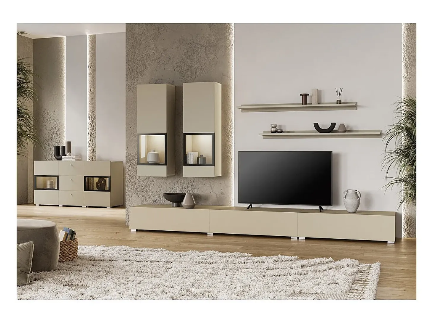 Buffet RAMOS 130 cm – Beige claro – LED multicolor integrada – 2 puertas con vidrio y 3 cajones