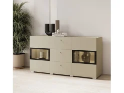 Buffet RAMOS 130 cm – Beige claro – LED multicolor integrada – 2 puertas con vidrio y 3 cajones