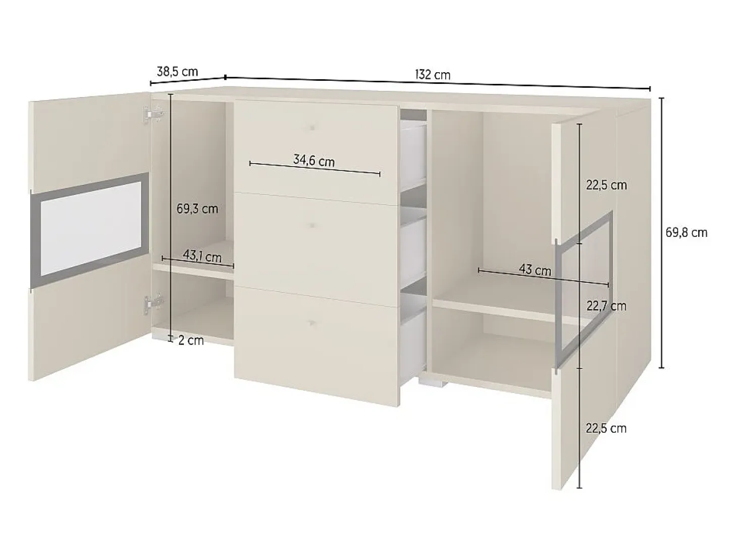 Buffet RAMOS 130 cm – Roble dorado y negro – 2 puertas con cristal y 3 cajones – Sin LED