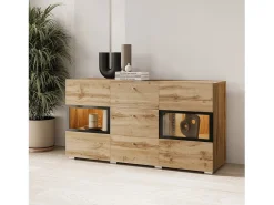 Buffet RAMOS 130 cm – Roble dorado y negro – 2 puertas con cristal y 3 cajones – Sin LED