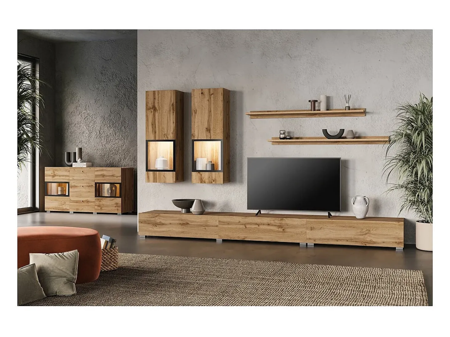 Buffet RAMOS 130 cm – Roble dorado y negro – 2 puertas con cristal y 3 cajones – Sin LED