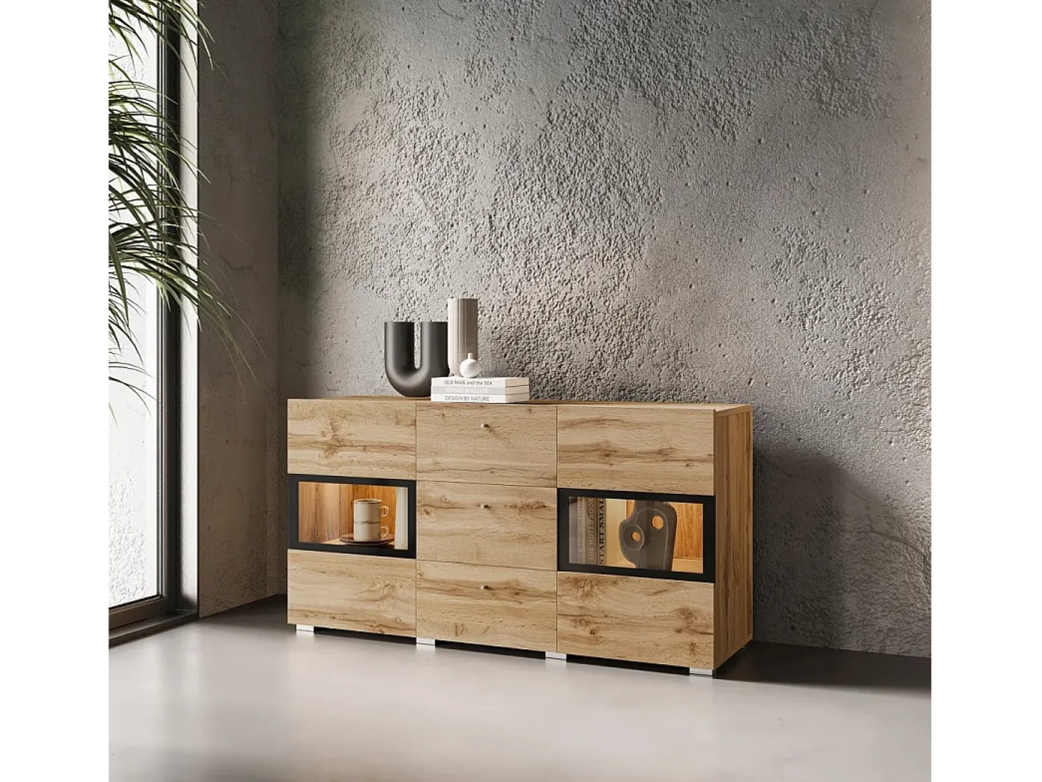 Buffet RAMOS 130 cm – Roble dorado y negro – 2 puertas con cristal y 3 cajones – Sin LED