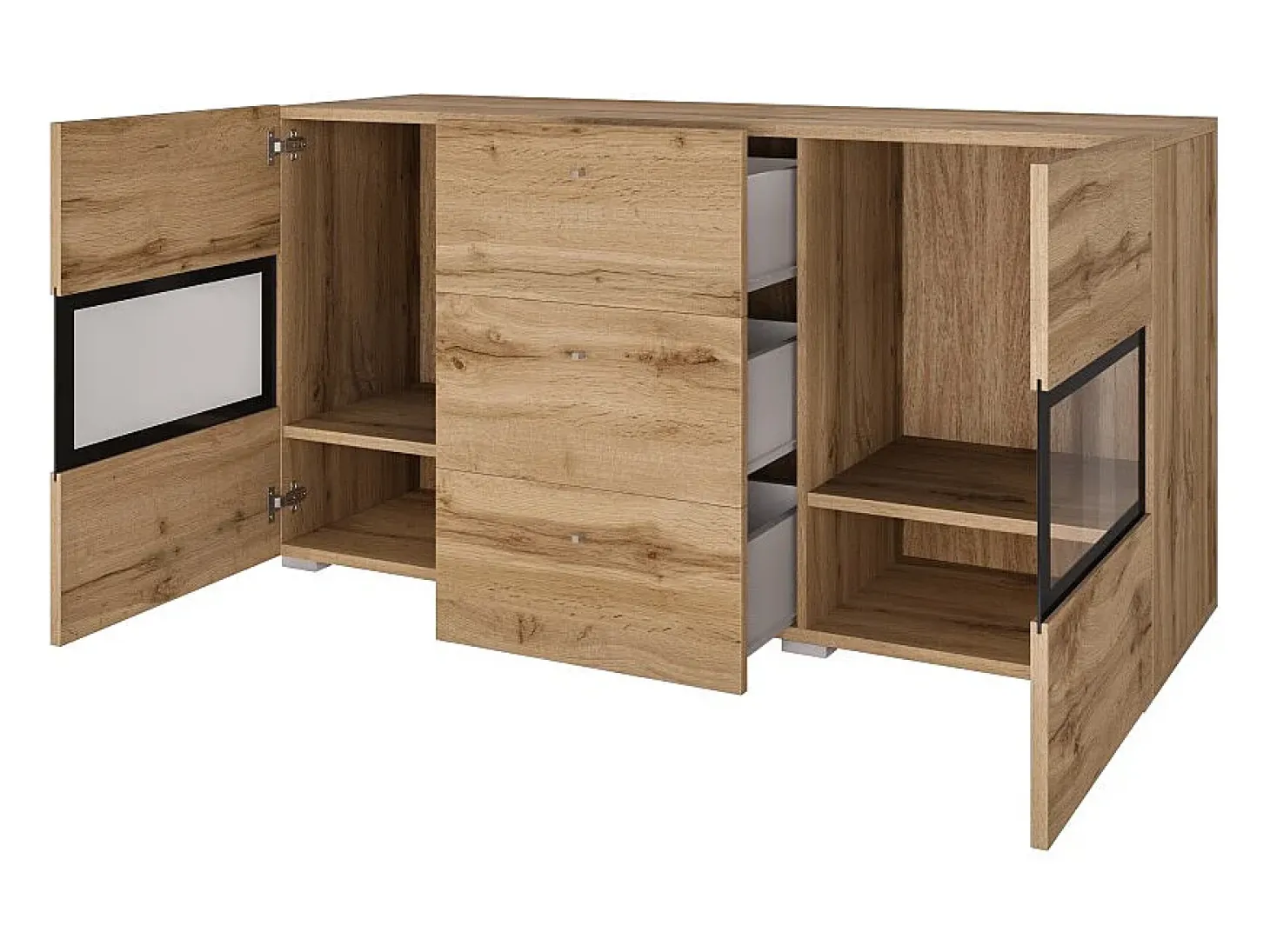 Buffet RAMOS 130 cm – Roble dorado y negro – 2 puertas con cristal y 3 cajones – Sin LED