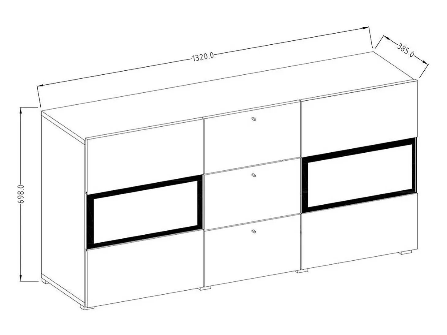 Buffet RAMOS – Color en blanco brillante y negro – LED multicolor integrados - 2 puertas acristaladas + 3 cajones