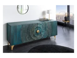 Buffet SOLARIS 180 cm en madera maciza tallada azul y dorada – 4 puertas