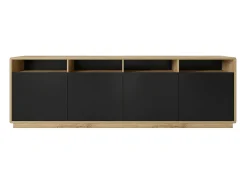 Buffet XL 240cm colección VILLA. Color roble y negro. 4 puertas y 4 nichos.