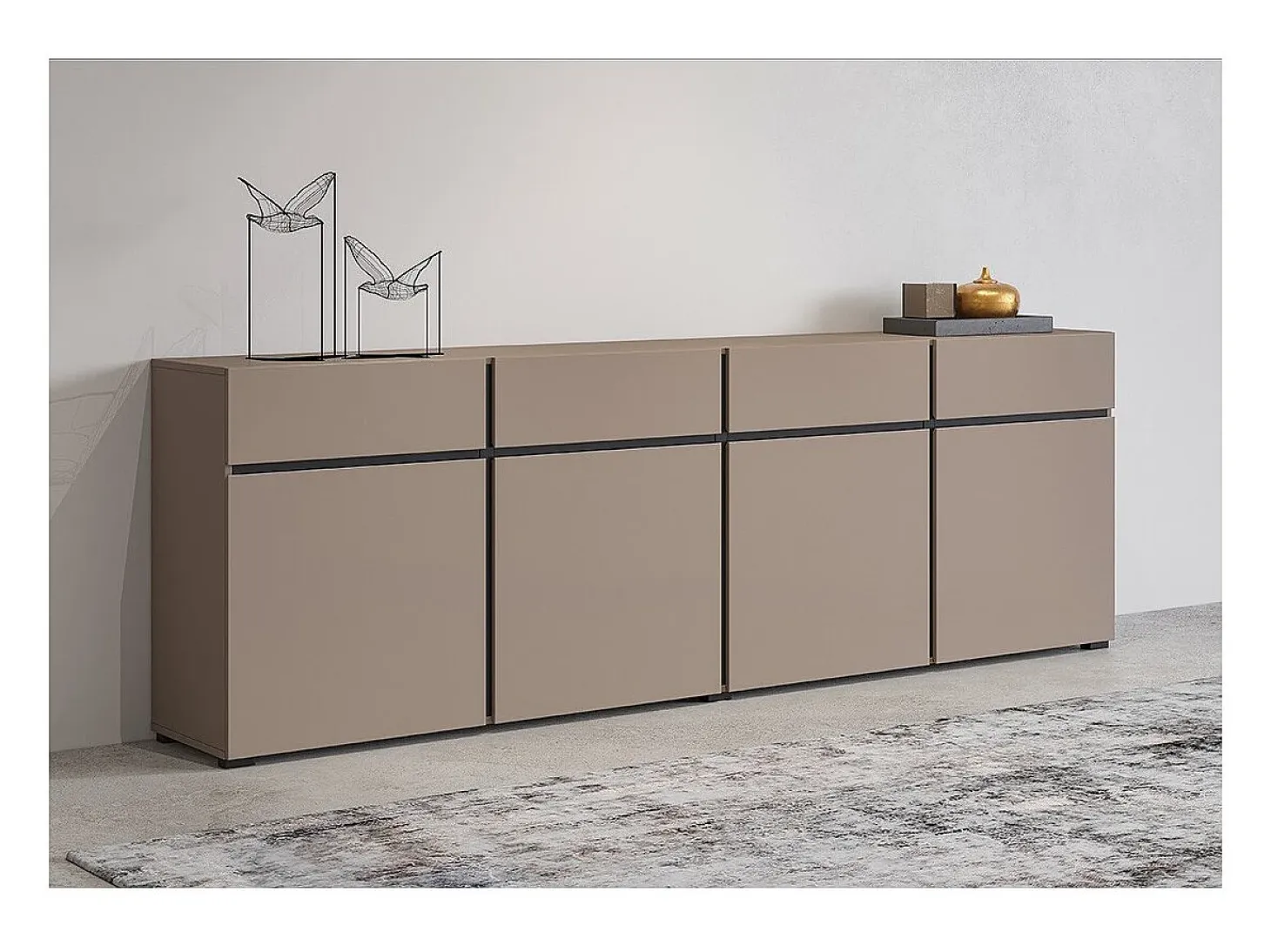 Buffet XL coloris beige et noir 225cm collection HAVANA. Aparador de diseño con 4 puertas y 4 cajones.