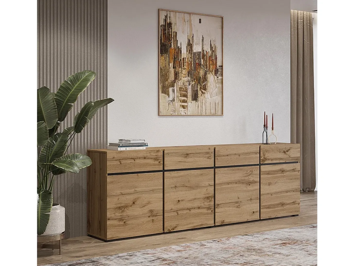 Buffet XL coloris chêne et noir 225cm collection HAVANA. Aparador de diseño con 4 puertas y 4 cajones.