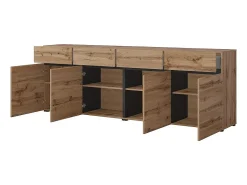 Buffet XL coloris chêne et noir 225cm collection HAVANA. Aparador de diseño con 4 puertas y 4 cajones.