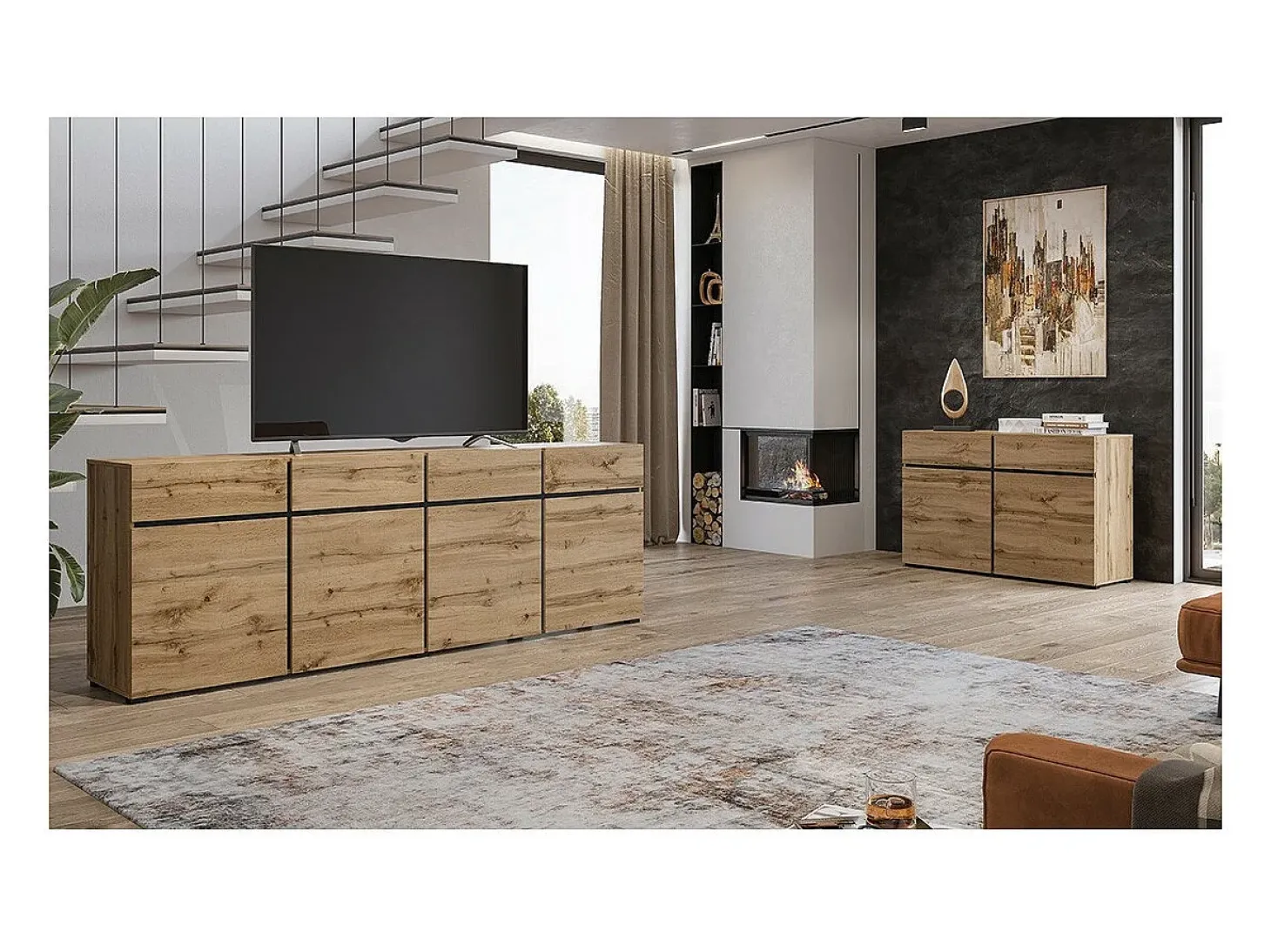 Buffet XL coloris chêne et noir 225cm collection HAVANA. Aparador de diseño con 4 puertas y 4 cajones.