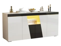 Buffet 140x40x65 cm - con 4 puertas - con iluminación LED - Paneles de partículas - Blanco + Negro