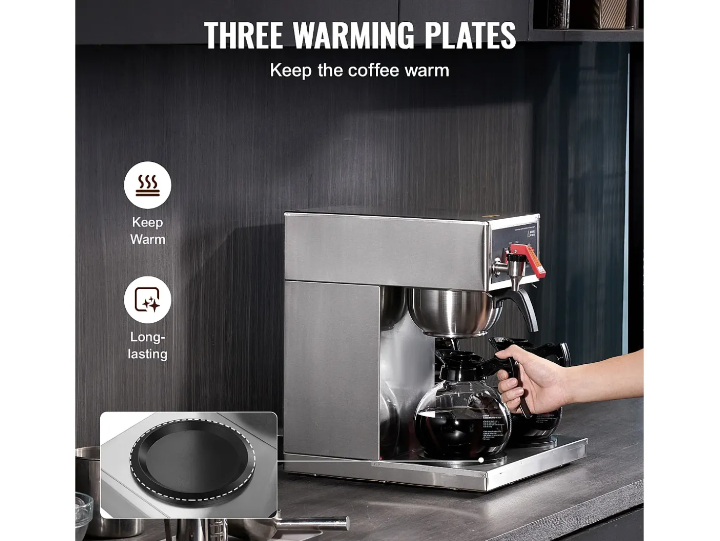 Cafetera de Filtro SucceBuy Comercial 12 Tazas con 3 Jarras y Placas Calefactoras, Toma de Agua Automática para Restaurante, Oficina, Cafetería