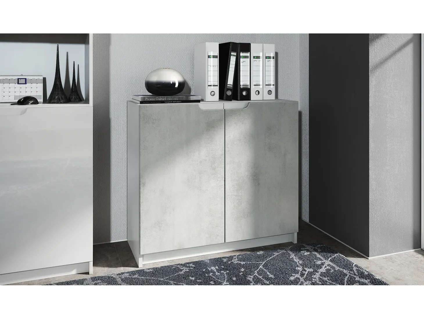 Cajonera Logan, Cómoda con 2 Puertas, blanco mate/hormigón oxidado (82 x 78 x 37 cm)