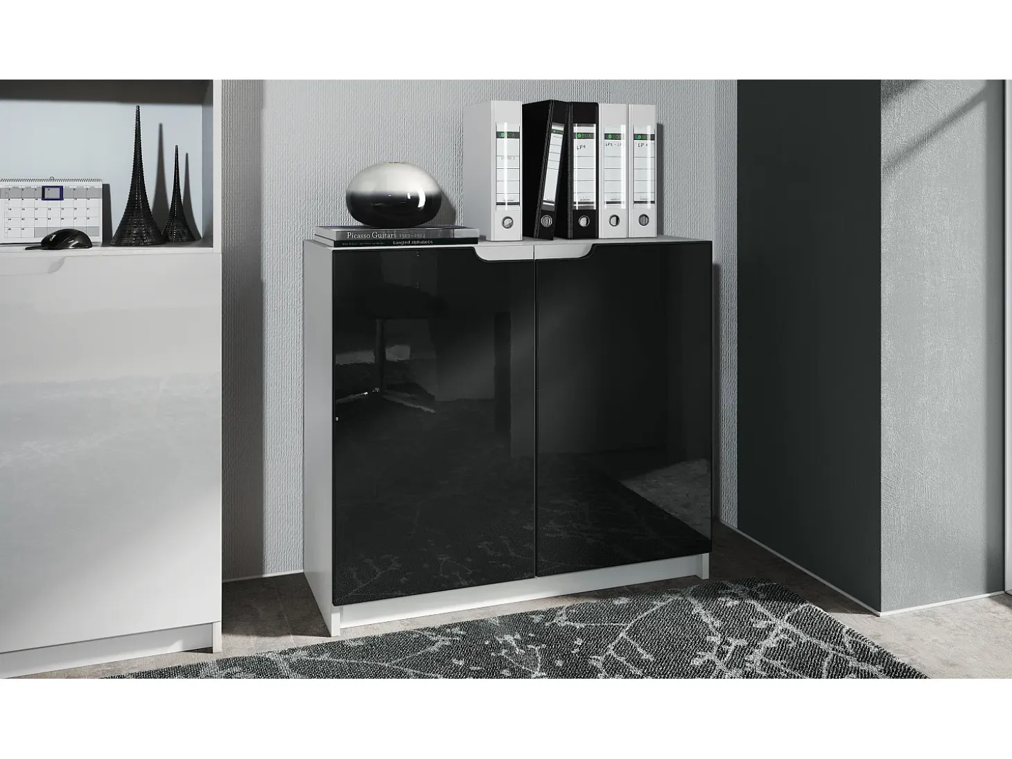 Cajonera Logan, Cómoda con 2 Puertas, blanco mate/negro de alto brillo (82 x 78 x 37 cm)
