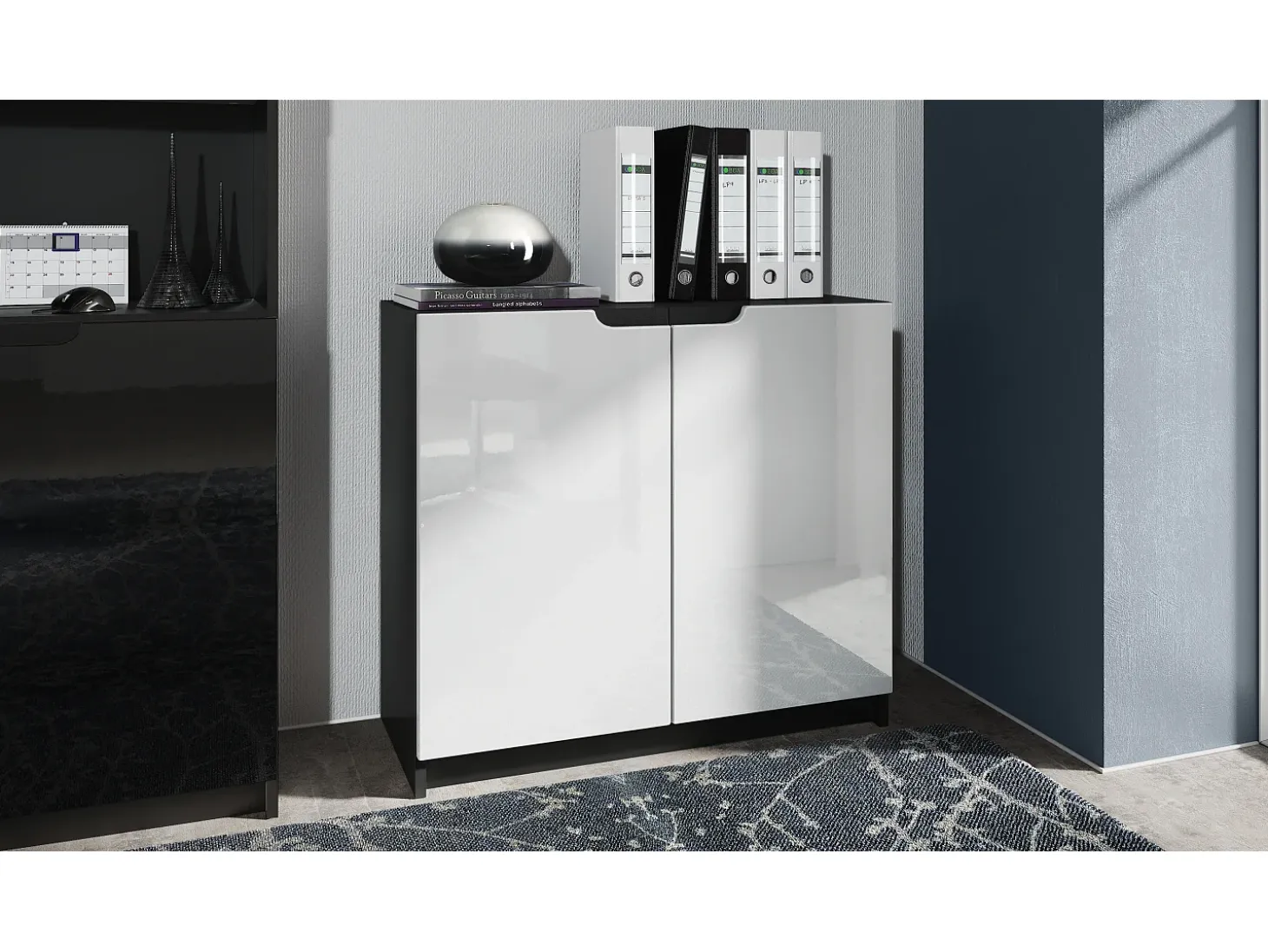 Cajonera Logan, Cómoda con 2 Puertas, negro mate/blanco de alto brillo (82 x 78 x 37 cm)