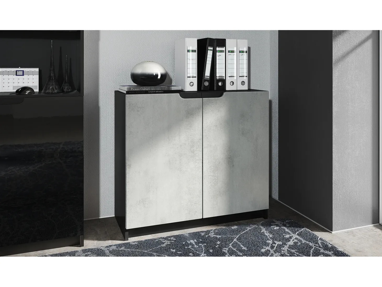 Cajonera Logan, Cómoda con 2 Puertas, negro mate/hormigón oxidado (82 x 78 x 37 cm)