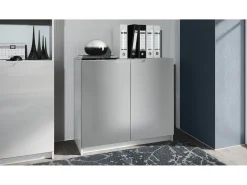 Cajonera Logan, Cómoda con 2 Puertas, blanco mate/gris claro satinado (82 x 78 x 37 cm)