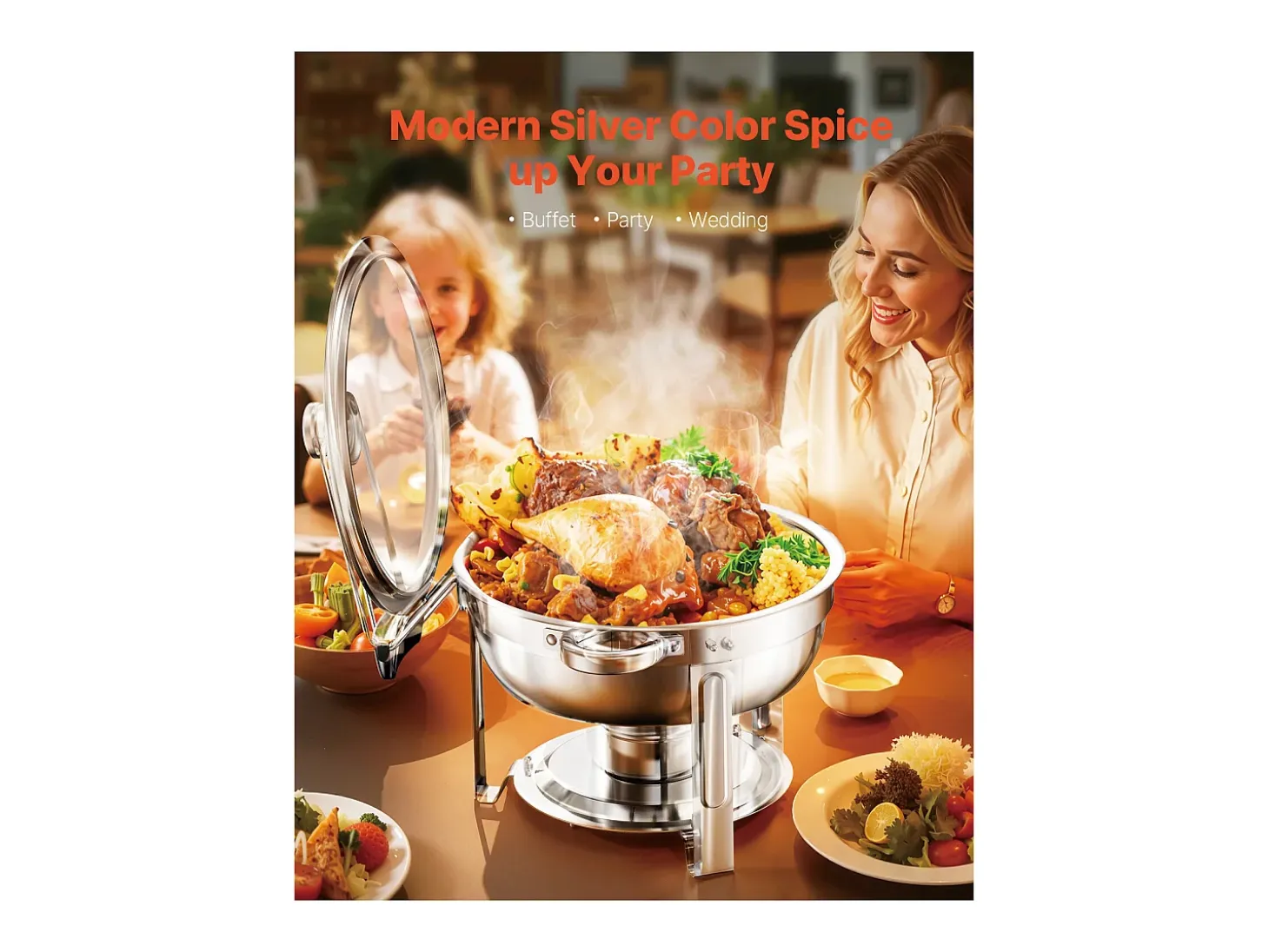 Calentadores de Comida SucceBuy Juego de 2 Platos de Calentamiento Redondos de Acero Inoxidable para Bufé, de 4.7 L con Cacerolas de Tamaño Completo