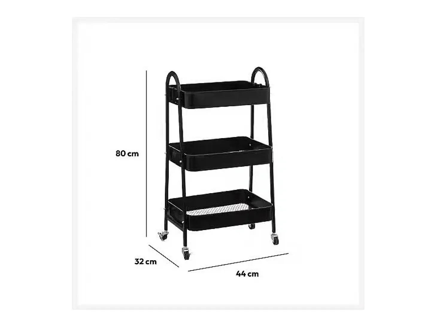 Carrito auxiliar con ruedas 3 estantes negro 78x44x32 cm