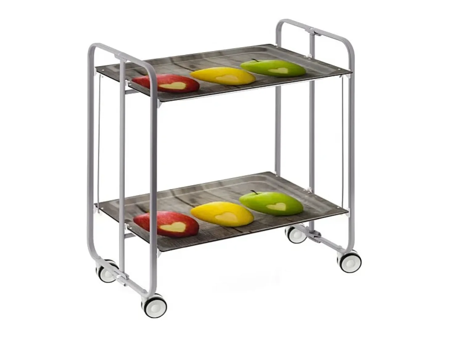 Carrito auxiliar plegable con ruedas - Estructura metálica gris, 2 estantes laminados Diseño Manzanas – 72*66*43 cm - BAUHAUS