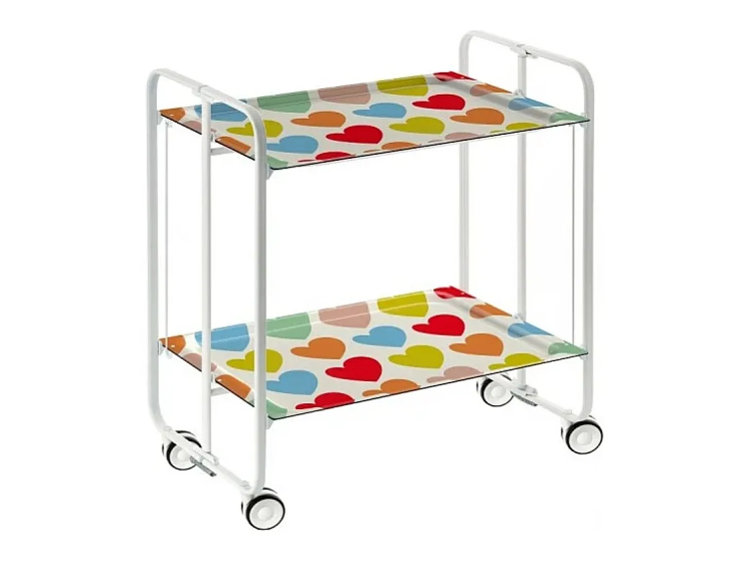 Carrito auxiliar plegable con ruedas - Estructura metálica blanca, 2 estantes laminados Decorado Corazones multicolor – 72*66*43 cm - BAUHAUS