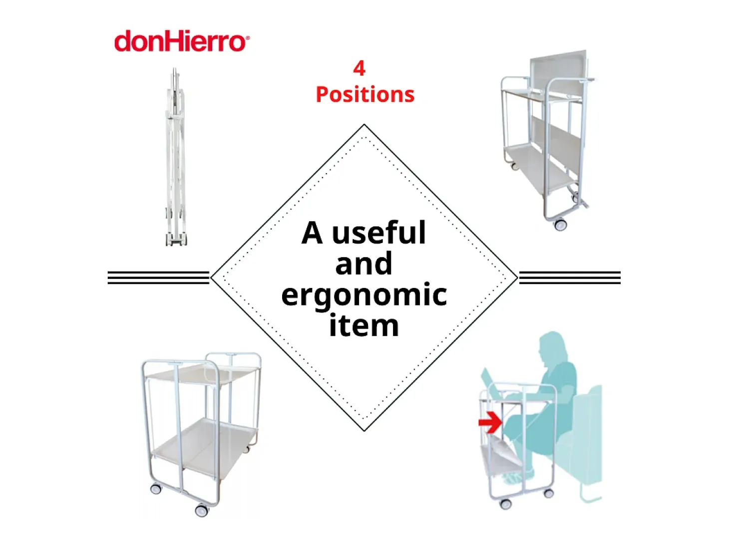 Carrito auxiliar plegable con ruedas - Estructura metálica blanca, 2 estantes laminados Decorado Think, do, be positive – 72*66*43 cm - BAUHAUS