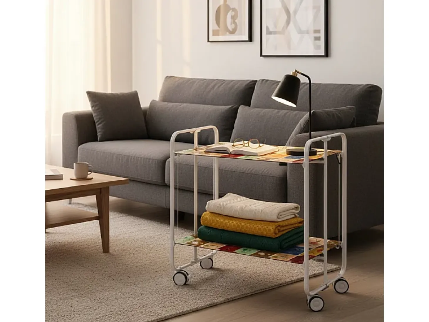 Carrito auxiliar plegable con ruedas - Estructura metálica blanca, 2 estantes laminados Decorado Vintage 1 – 72*66*43 cm - BAUHAUS