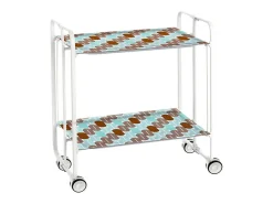 Carrito auxiliar plegable con ruedas - Estructura metálica blanca, 2 estantes laminados Decorado Óvalos turquesa y marrón – 72*66*43 cm - BAUHAUS