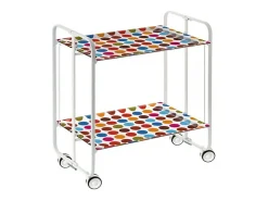 Carrito auxiliar plegable con ruedas - Estructura metálica blanca, 2 estantes laminados Decorado Círculos multicolor – 72*66*43 cm - BAUHAUS