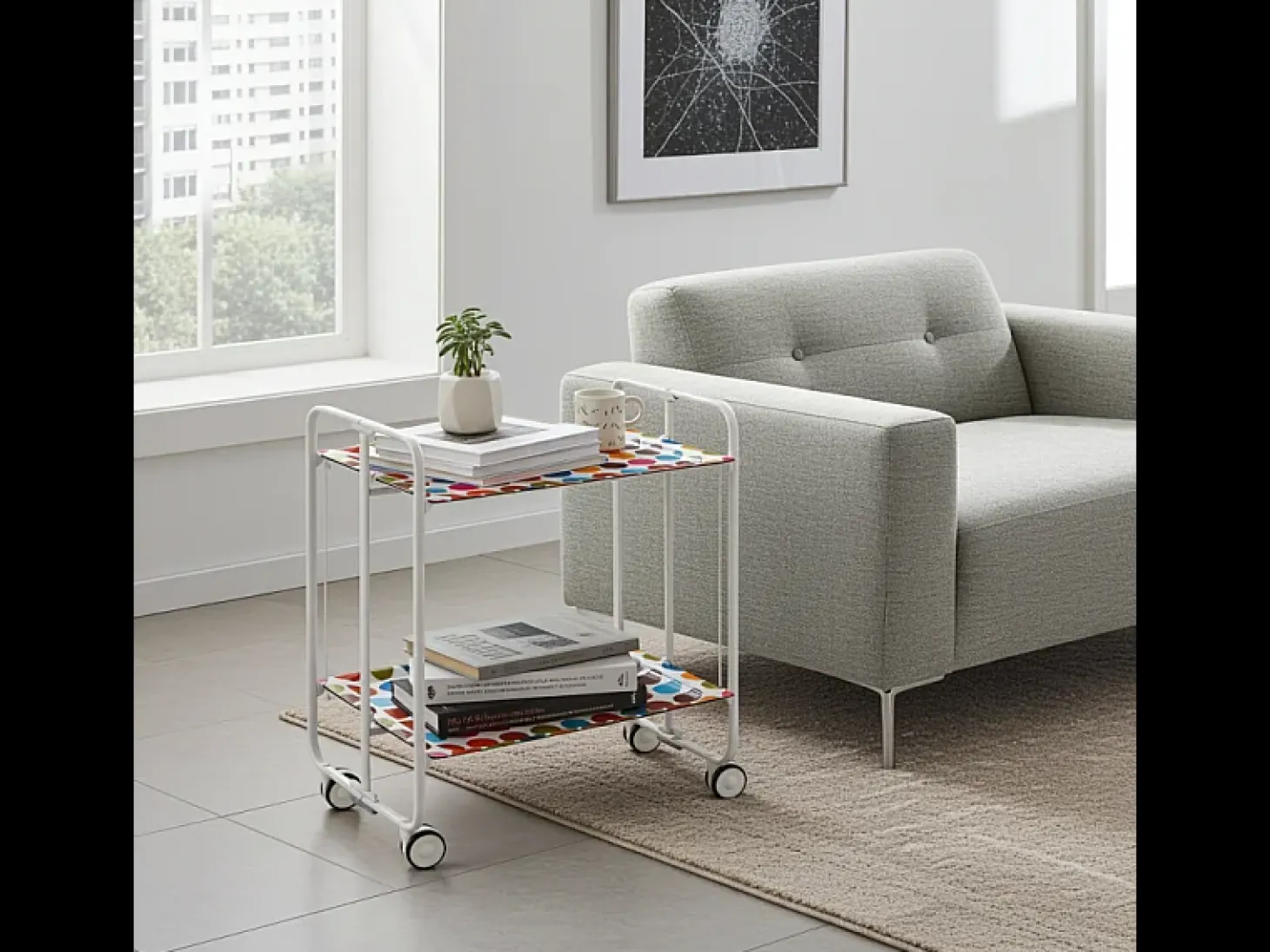 Carrito auxiliar plegable con ruedas - Estructura metálica blanca, 2 estantes laminados Decorado Círculos multicolor – 72*66*43 cm - BAUHAUS