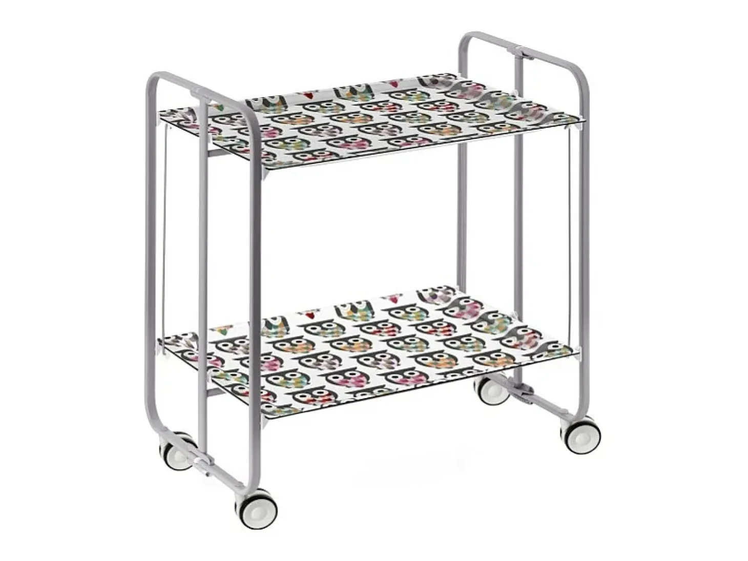 Carrito auxiliar plegable con ruedas - Estructura metálica gris, 2 estantes laminados decorado Buhos – 72*66*43 cm - BAUHAUS