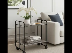 Carrito auxiliar plegable con ruedas - Estructura metálica negra, 2 estantes laminados color Fresno – 72*66*43 cm - BAUHAUS