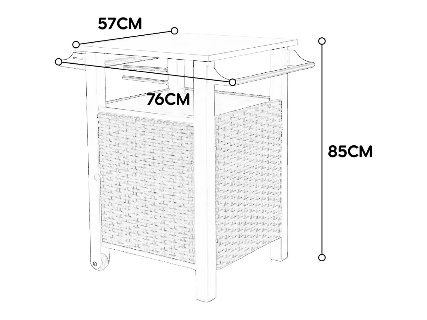 Carrito bar con una puerta, isla de cocina exterior de ratán, mesa extensible de acero inoxidable, con ruedas y asa lateral (76x56x85 cm)