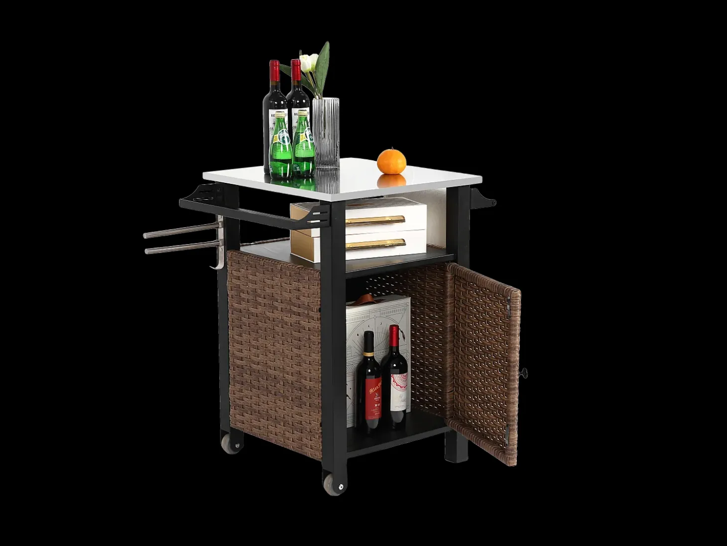 Carrito bar con una puerta, isla de cocina exterior de ratán, mesa extensible de acero inoxidable, con ruedas y asa lateral (76x56x85 cm)