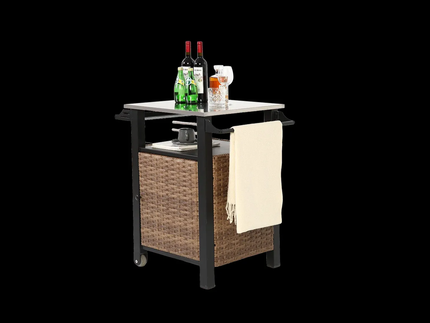 Carrito bar con una puerta, isla de cocina exterior de ratán, mesa extensible de acero inoxidable, con ruedas y asa lateral (76x56x85 cm)
