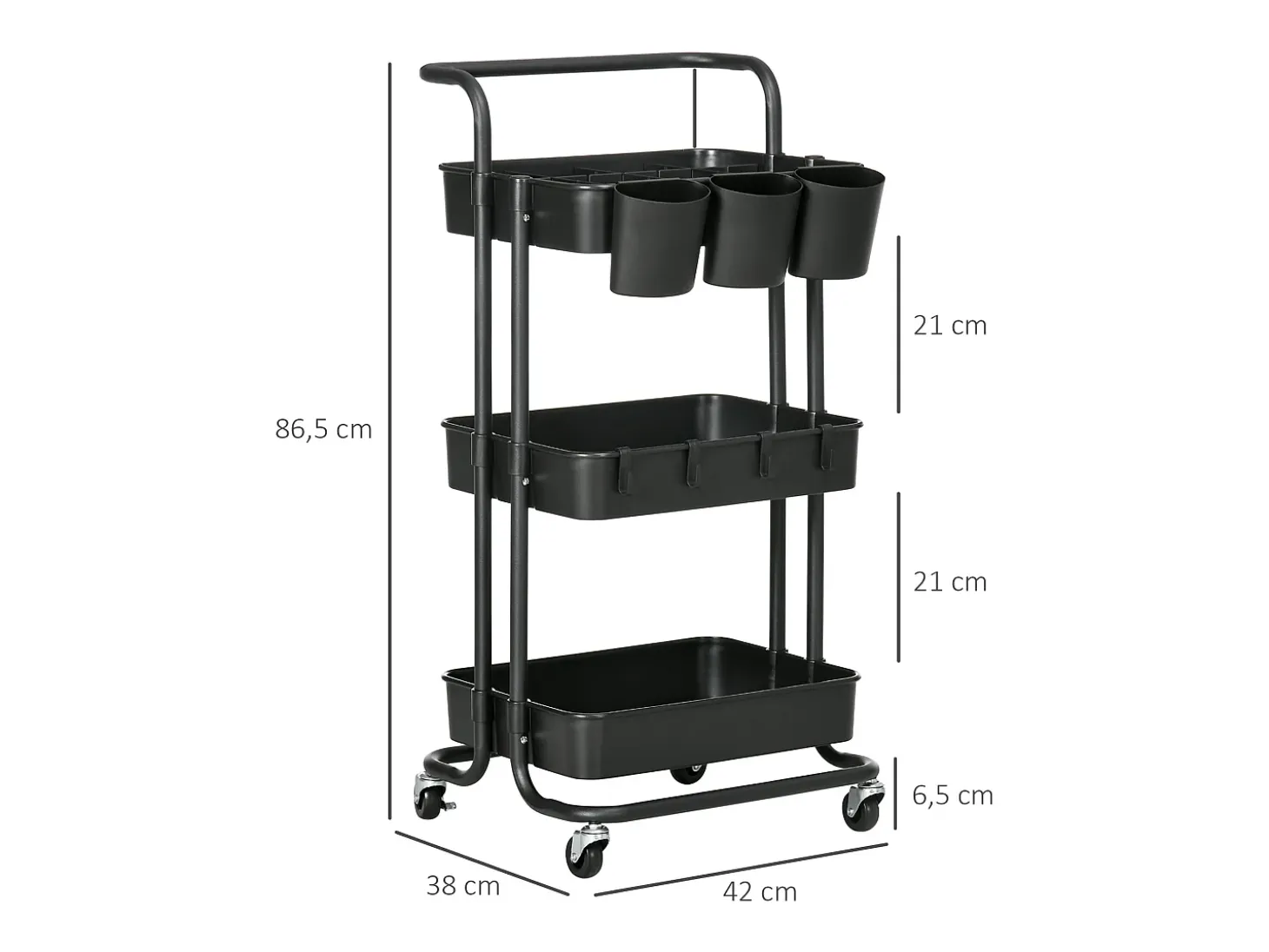 Carrito con ruedas de 3 niveles con cestas extraíbles, acero negro, flexible y compacto (42x38x86,5cm)
