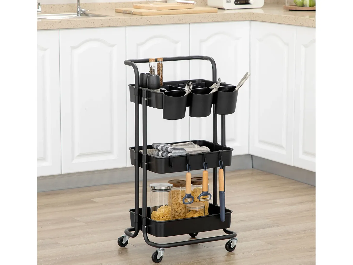 Carrito con ruedas de 3 niveles con cestas extraíbles, acero negro, flexible y compacto (42x38x86,5cm)