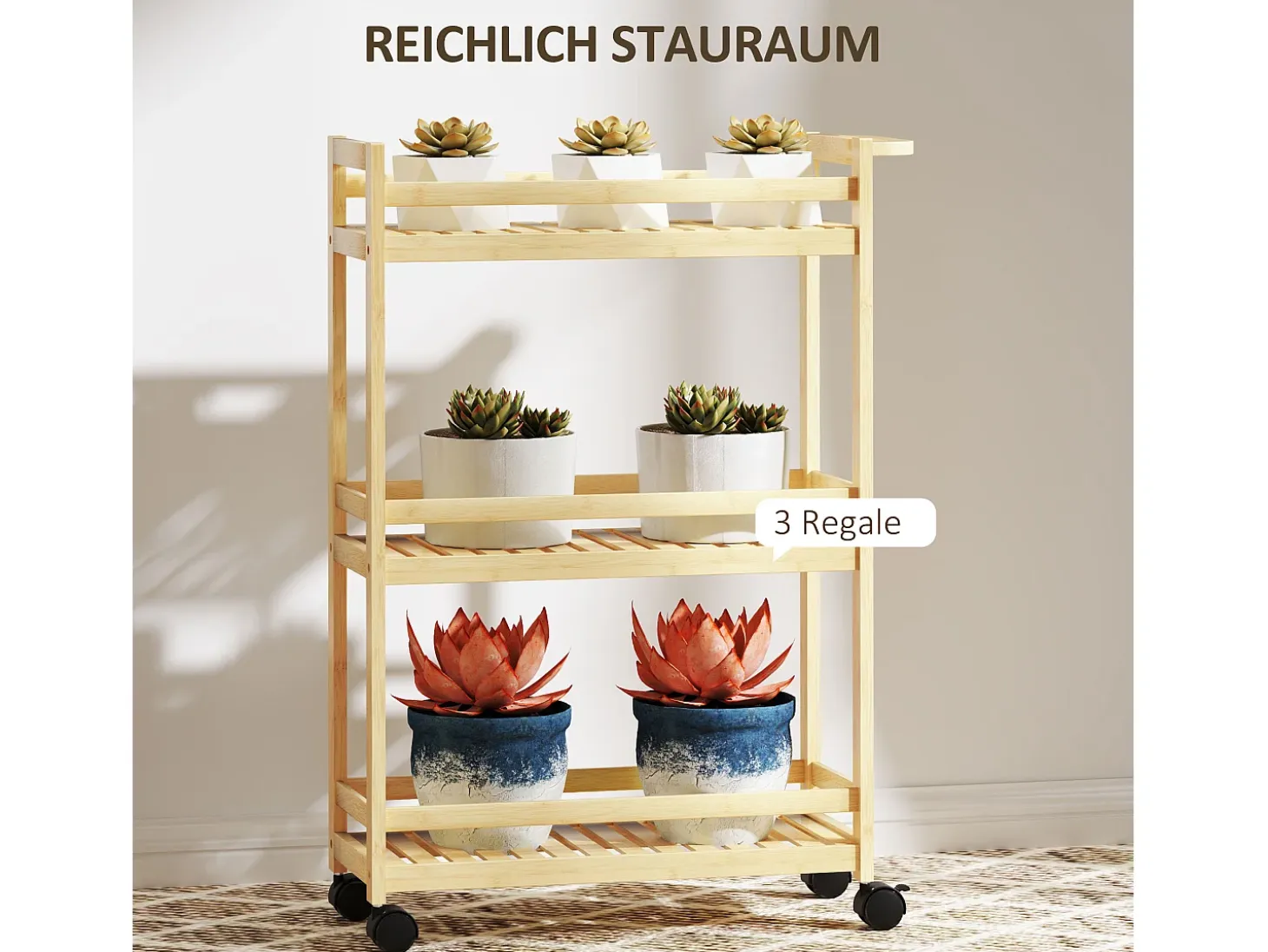 Carrito de almacenaje de bambú de 3 niveles con ruedas y asas, color natural (55 x 20 x 75 cm)