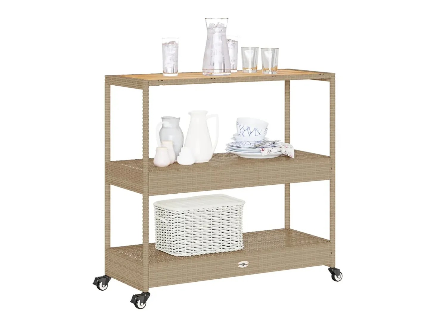 Carrito de bar 3 niveles ratán PE y madera maciza acacia beige