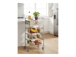 Carrito de cocina ALESIA – 3 cestas, 1 cajón y encimera color haya en acabado gris aluminio