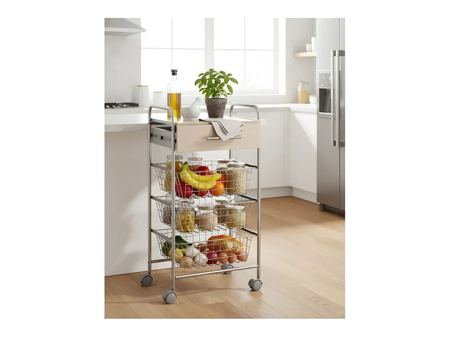 Carrito de cocina ALESIA – 3 cestas, 1 cajón y encimera color haya en acabado gris aluminio