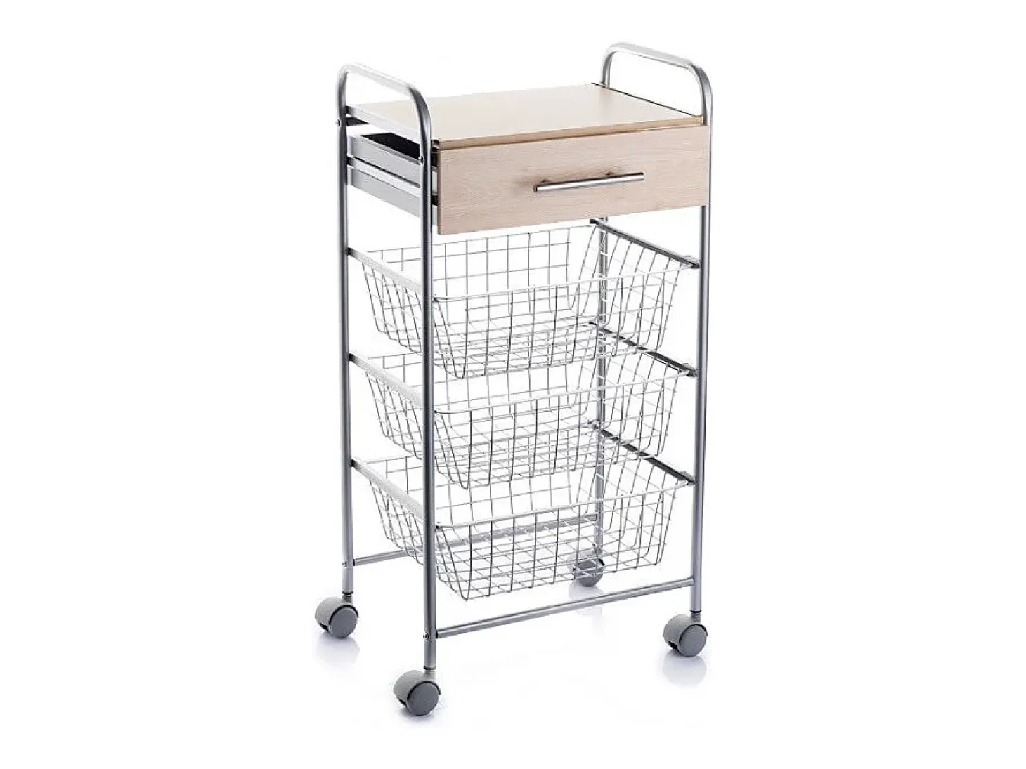 Carrito de cocina ALESIA – 3 cestas, 1 cajón y encimera color haya en acabado gris aluminio